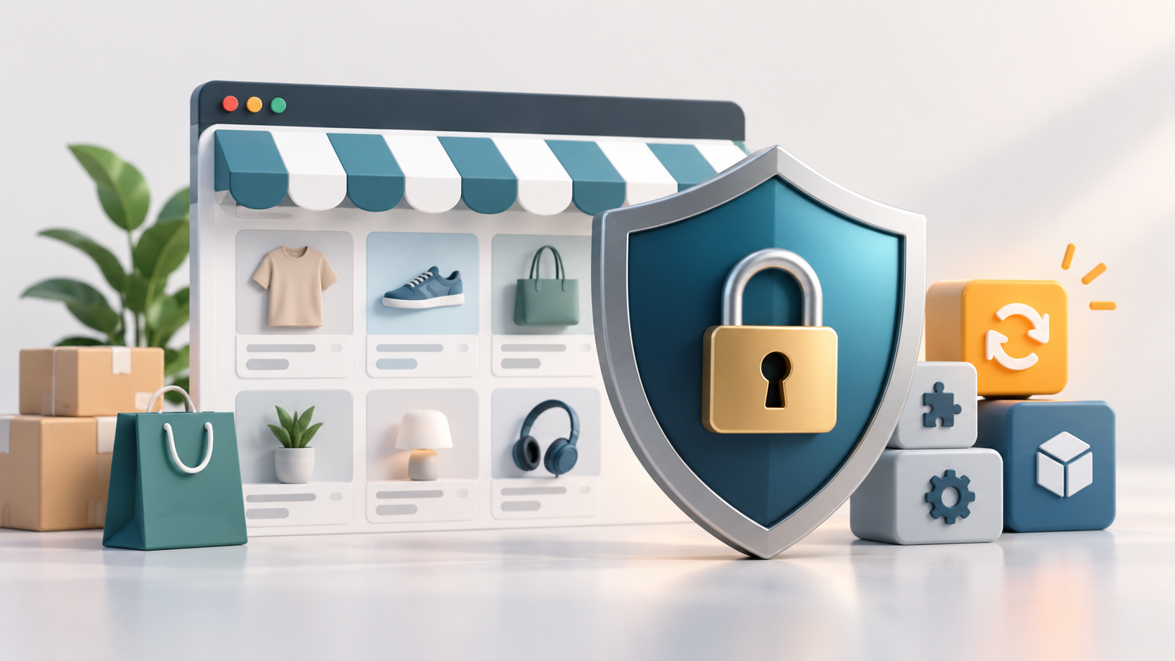 Boutique en ligne protégée par un bouclier et un cadenas, illustrant la sécurité PrestaShop.